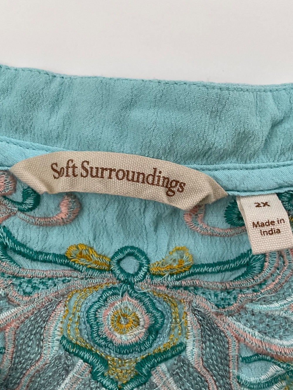 Soft Surroundings River Island Tunic 2 XL Aqua Blue Embroidered Boho Resortwear - Picture 4 of 12